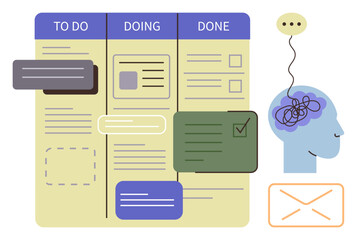 Kanban board with three columns To Do, Doing, Done, task cards, human brain with tangled thoughts, chat bubble, and envelope. Ideal for productivity, organization mental clarity workflow task © robu_s