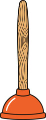Cartoon plunger illustration, red rubber suction tool, wooden handle vector, household cleaning item, cad drawing flat vector illustration