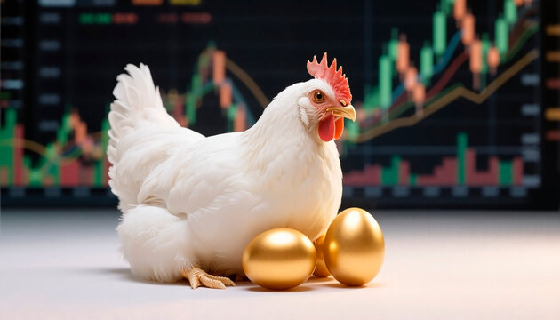 A white hen with golden eggs representing investment and financial growth against blurred stock market charts