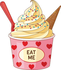 Cartoon soft-serve ice cream cup, pink dessert with sprinkles, waffle cone and spoon, cad drawing flat vector illustration