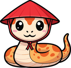 Cartoon snake character, orange reptile with conical hat, cultural costume illustration, playful animal mascot, cad drawing flat vector illustration