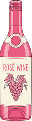 Rosé wine bottle illustration, pink drink with grape label, elegant beverage vector, product packaging art, cad drawing flat vector illustration