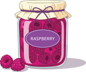 Raspberry jam jar illustration, whole berries and preserve, sweet fruit dessert vector, food concept art, cad drawing flat vector illustration