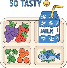 School lunch tray illustration, healthy meal with fruits, vegetables, fish and milk, cartoon food concept, cad drawing flat vector illustration