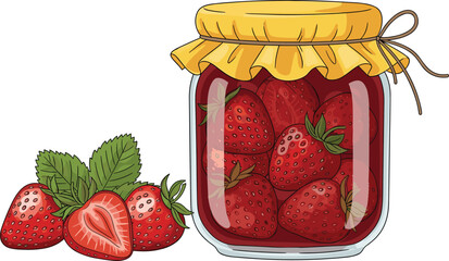 Strawberry jam jar, fresh berries and sliced fruit, homemade preserve illustration, food concept vector, cad drawing flat vector illustration