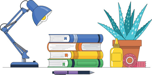 Study desk illustration, books, lamp, plant, stationery items, organized workspace vector, cartoon setup, cad drawing flat vector illustration
