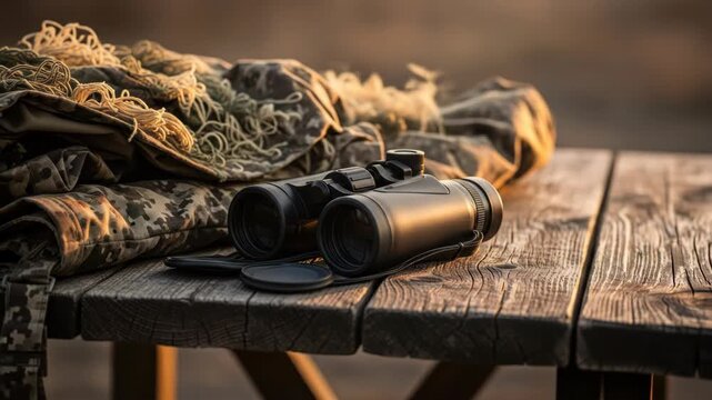 Binoculars and camouflage ghillie suit on a wooden table, gear for military, hunting, observing and tactical uses.
