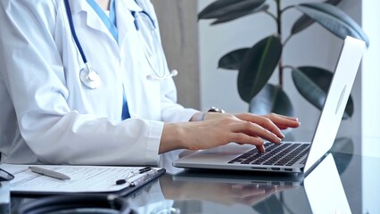 Doctor woman is using laptop computer in clinic office while sitting at the glass desk. Medicine concept