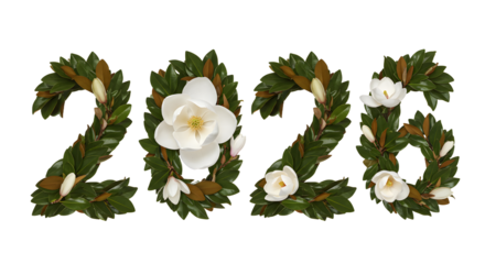 2026 year made from green leaves and white magnolia flowers isolated on white background, nature concept, perfect for New Year greetings