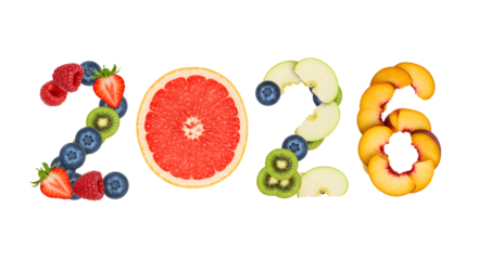 2026 numbers made from fresh fruits and berries, vibrant healthy food concept for new year, perfect for health and nutrition themes