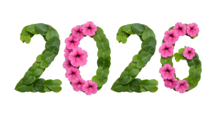 2026 numbers made from green leaves and pink flowers, spring nature concept, eco-friendly design, perfect for environmental campaigns