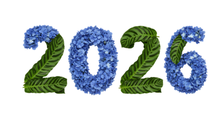 2026 numbers made of green leaves and blue hydrangea flowers on white background, floral nature concept perfect for spring or summer designs