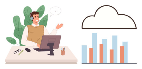 Person wearing headset at desk speaking, cloud icon with bar chart. Ideal for customer service, data analysis, remote work, technical support, cloud computing, communication, simple flat metaphor