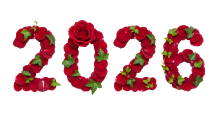 2026 numbers made of red rose petals and green leaves isolated on white background, floral design perfect for romantic events or Valentine?s Day