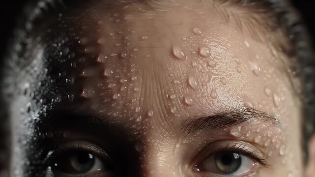 Sweaty woman face closeup.