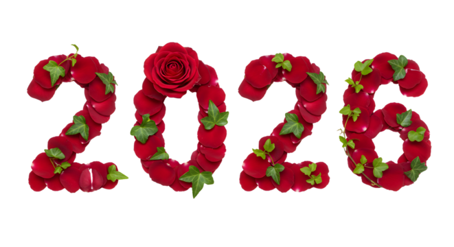2026 numbers made of red rose petals and green leaves isolated on white background, floral design perfect for romantic events or Valentine?s Day