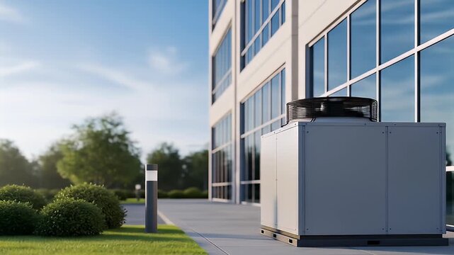 HVAC unit next to a modern office building with reflective windows on a sunny day