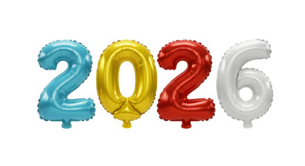 Colorful 2026 foil balloons on white background, festive decoration for New Year celebrations or milestone events