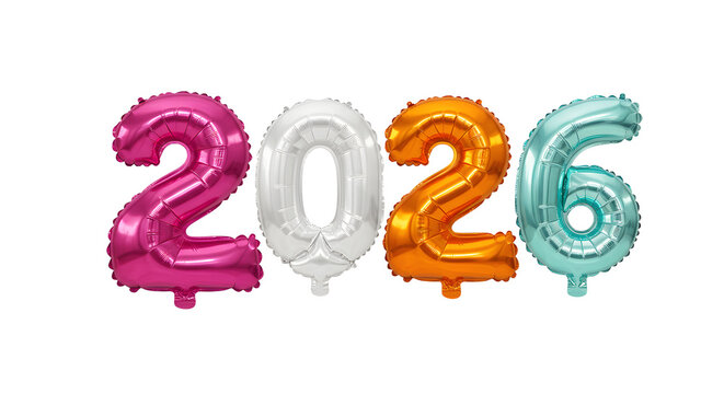 Colorful foil balloons shaped as numbers 2026 in pink, white, orange, and blue, isolated on white background, perfect for New Year celebrations or milestone events