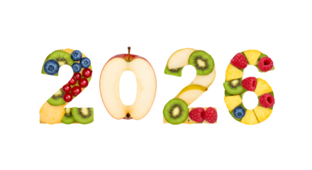 Fresh fruit numbers 2026 made with kiwi, blueberries, raspberries, and banana slices, healthy concept perfect for nutrition and diet content