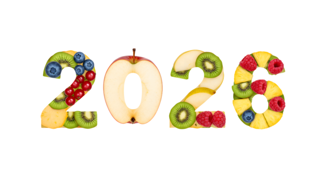 Fresh fruit numbers 2026 made with kiwi, blueberries, raspberries, and banana slices, healthy concept perfect for nutrition and diet content