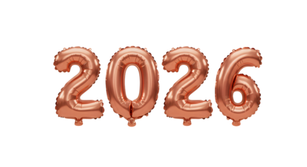 Rose gold balloons shaped as 2026 numbers isolated white background, celebration decoration for New Year or graduation party