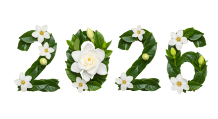 2026 numbers made of green leaves and white flowers isolated on white background, natural floral decoration perfect for spring and summer designs