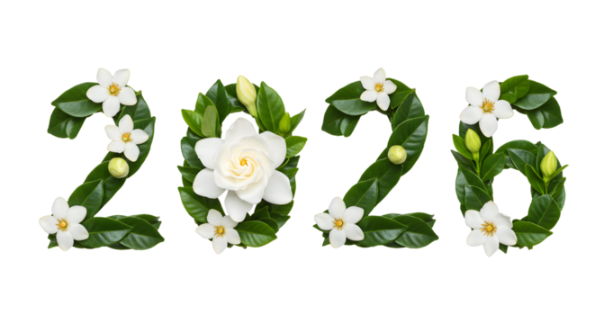 2026 numbers made of green leaves and white flowers isolated on white background, natural floral decoration perfect for spring and summer designs