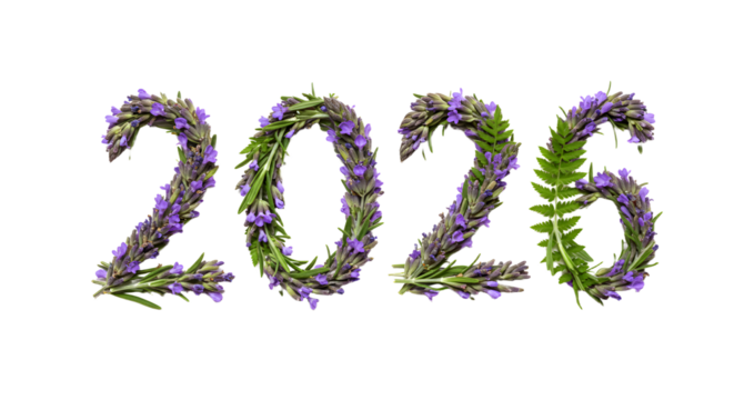 2026 numbers made from green leaves and purple flowers isolated on white background, nature inspired design for new year or seasonal decoration