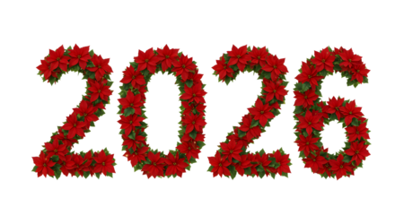 2026 numbers decorated with red poinsettia flowers, festive holiday decoration for Christmas and New Year celebrations