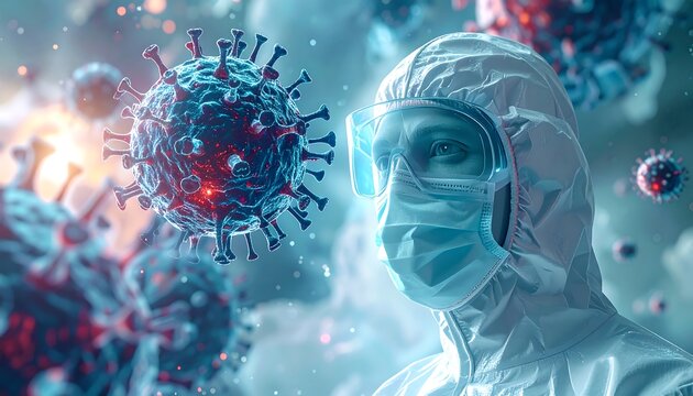 A medical professional in protective gear stares intently at a microscopic depiction of a virus amidst a misty, blue-toned background