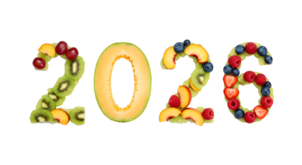 2026 year numbers made of fresh fruits with white background, healthy concept for new year or calendar design