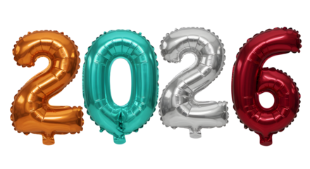 Colorful 2026 foil number balloons in gold, turquoise, silver, and red for New Year celebrations and party decorations