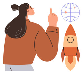 Focused woman gestures upward, symbolizing innovation, progress, and growth. Features rocket, globe. Ideal for leadership, entrepreneurship, exploration startup ambition vision global impact