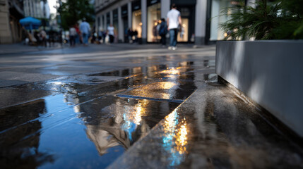 A fashionable street scene portraying elegant reflections in wet pavement, inviting viewers into a world of creativity, style, and urban life with a bokeh effect.