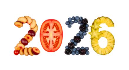 Creative 2026 year numbers made of mixed fresh fruits including peach, tomato, berries and starfruit, symbolizing healthy lifestyle and new year concept