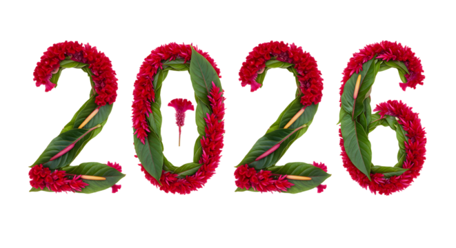 Floral numbers 2026 made of red flowers and green leaves on black background, perfect for New Year celebrations and festive design