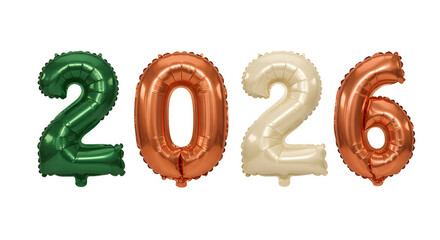 Metallic foil balloons shaped as the numbers 2026 in green, gold, and bronze colors, perfect for New Year or future celebration events