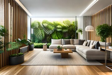 Fototapeta premium Serene indoor oasis with lush tropical plants blending nature and modern living design elements