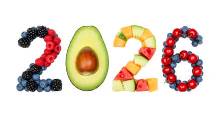 Fresh fruit numbers 2026 made of berries, avocado, and tropical fruit slices on white background, healthy food concept, perfect for New Year or healthy lifestyle content