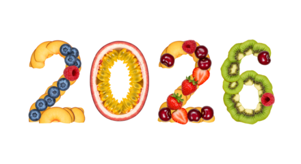 Fresh fruit numbers 2026 made with kiwi, blueberries, raspberries, strawberries and orange slices, healthy decorative concept for 2026 new year or calendar designs