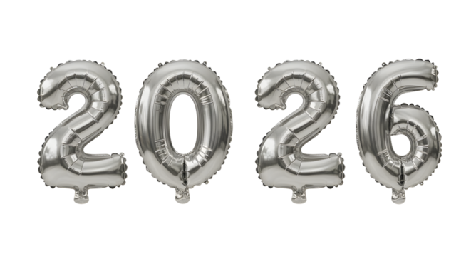 Silver foil balloons shaped as the numbers 2026, isolated on white background, perfect for New Year celebrations and milestone events