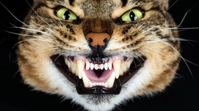 Close-up of an angry tabby cat showing teeth with open mouth and green eyes against a black background displaying aggression, wild expression