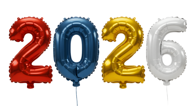 Red, blue, gold, and white foil number balloons forming 2026, celebration decoration for New Year or countdown events - Powered by Adobe