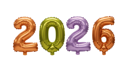 Shiny metallic balloons shaped as 2026 numbers in bronze, green, and purple colors, ideal for New Year celebrations and milestone events