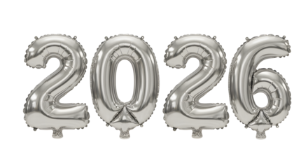 Silver foil balloons in the shape of the year 2026, isolated on white background, perfect for New Year or milestone celebrations