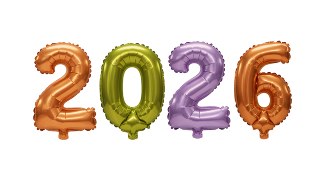 Shiny metallic balloons shaped as 2026 numbers in bronze, green, and purple colors, ideal for New Year celebrations and milestone events