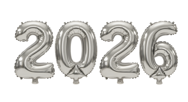 Silver foil balloons in the shape of the year 2026, isolated on white background, perfect for New Year or milestone celebrations