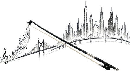 A stringed instrument bow dances over a hand-drawn cityscape with musical notes soaring high