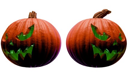 Halloween pumpkins with green glowing carved faces isolated